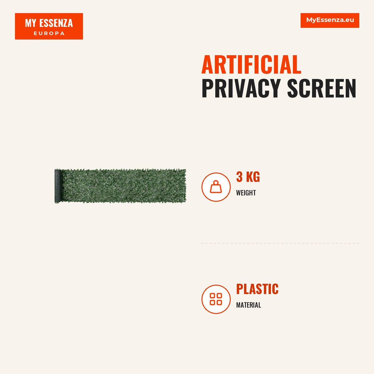 Tela de privacidade artificial 1 x 5 m, folhas realistas, resistente UV — Infografia | Infographic — dimensions