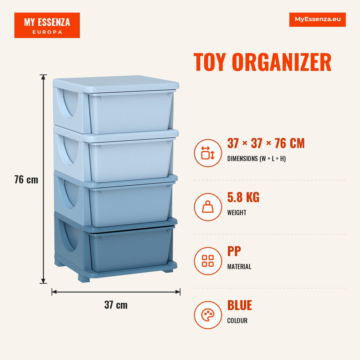 Organizador de Brinquedos com 4 Gavetas Torre de Arrumação para Crianças +3 Anos Cantos Arredondados e Pegas para Creche Sala de Brincar Quarto 37x37x — Infografia | Infographic — dimensions