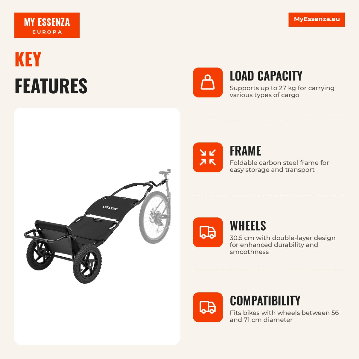 Reboque para bicicleta 27 kg, rodas 30,5 cm, estrutura dobrável em aço — Infografia | Infographic — dimensions