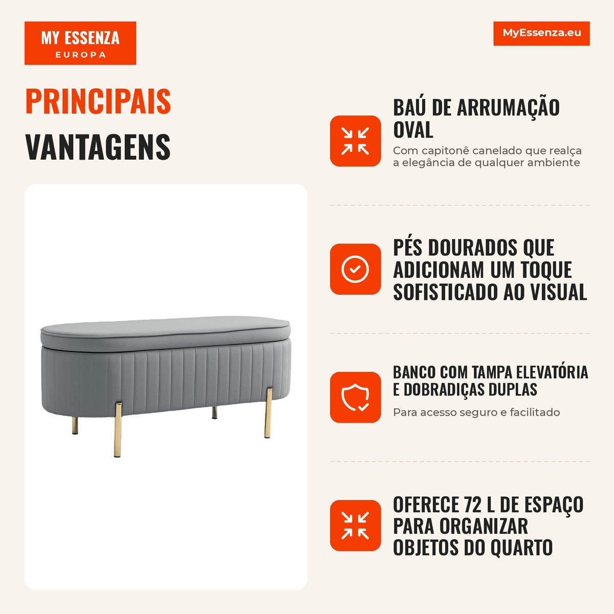 Banco Baú em Veludo 72 L com Pés Dourados 108x44x43,5 cm Cinza — infografia 1