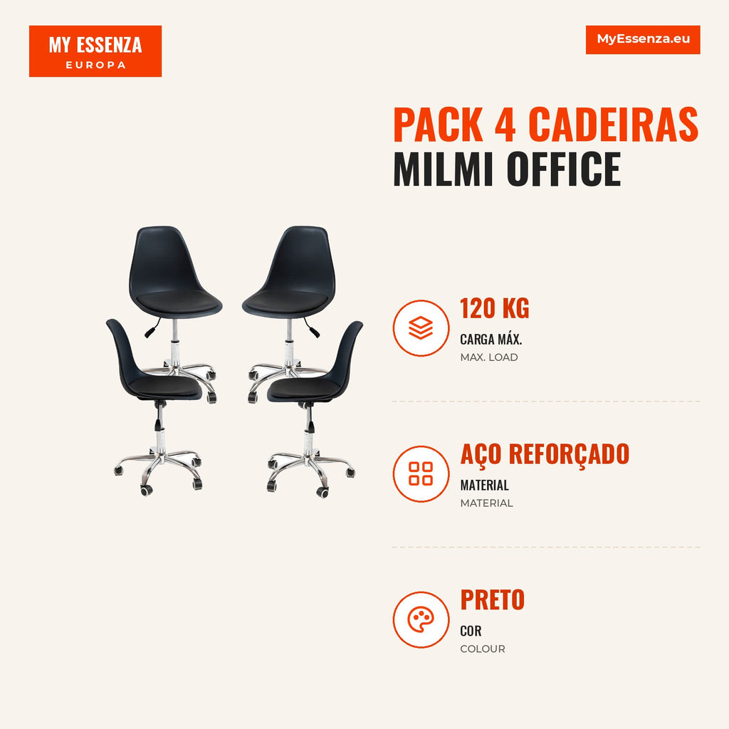 Pack 4 Cadeiras Milmi Office — Preto — Infografia — medidas