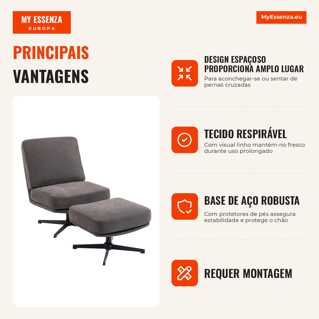 Poltrona com Pufe Giratória, Lounge com Visual Linho para Sala de Estar, Cinza Escuro — infografia 1
