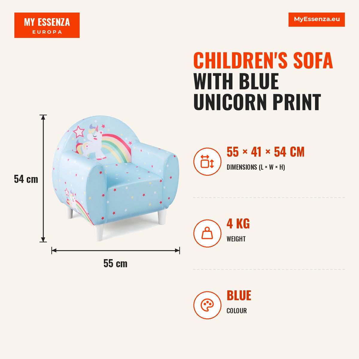Sofá Infantil com Estampa de Unicórnio Azul com Espuma de Alta Densidade e Estrutura Robusta — Infografia | Infographic — dimensions