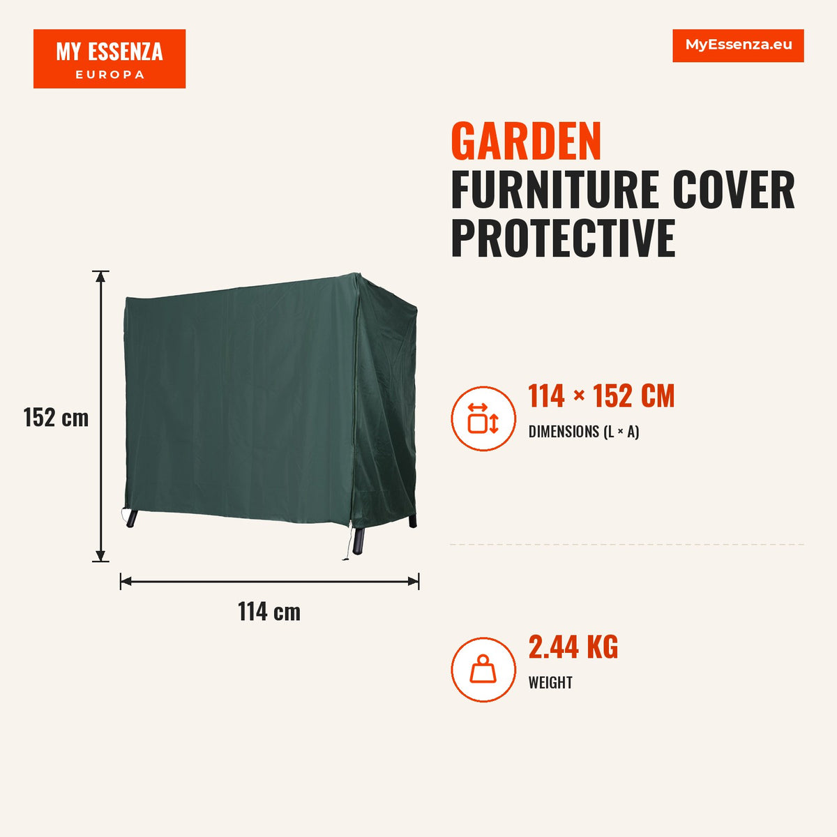 Capa para Móveis de Jardim Capa Protetora para Baloiços de Exterior com Zíper 177x114x152cm Verde — Infografia | Infographic — dimensions
