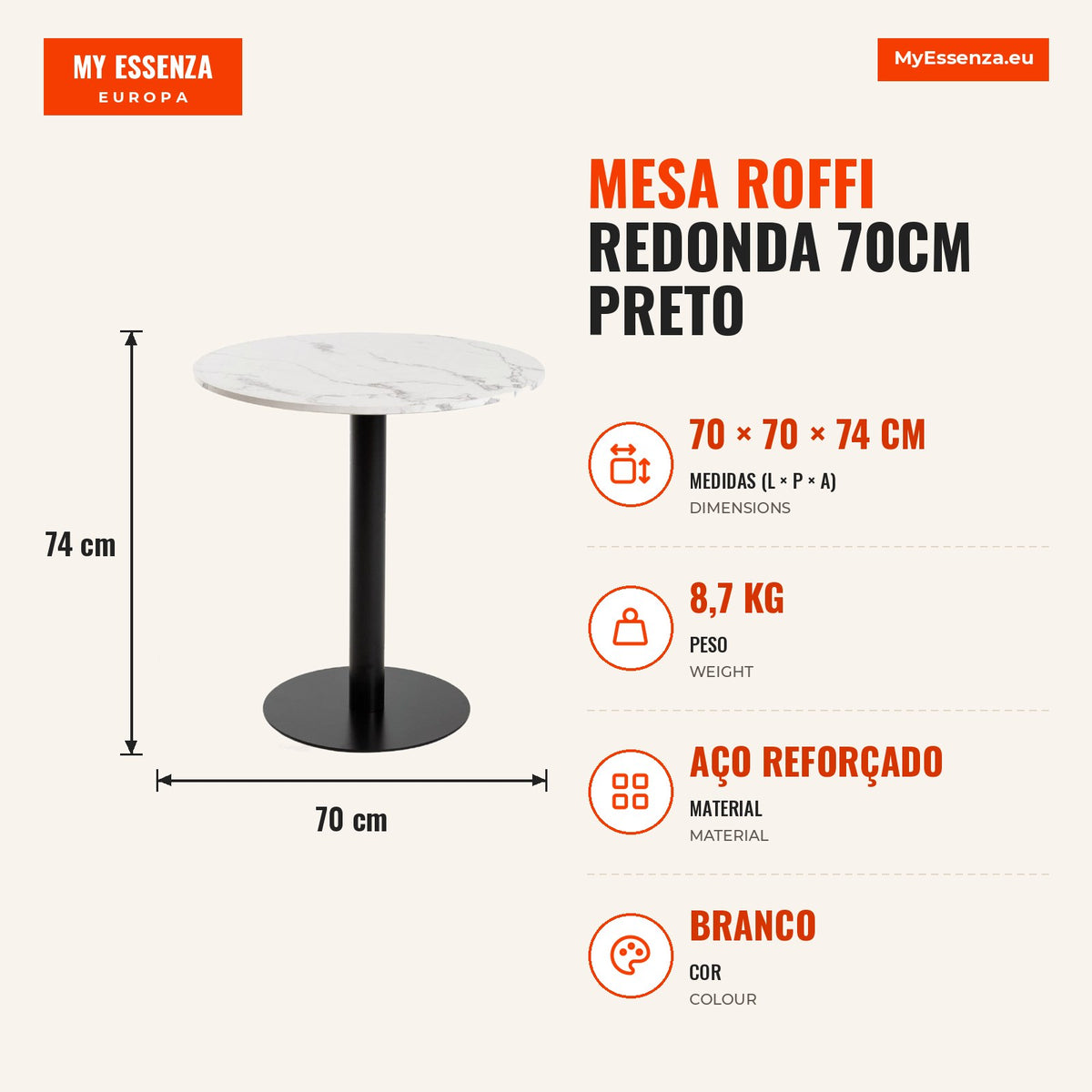 Mesa Roffi Redonda 70cm Preto — Branco — Infografia — medidas