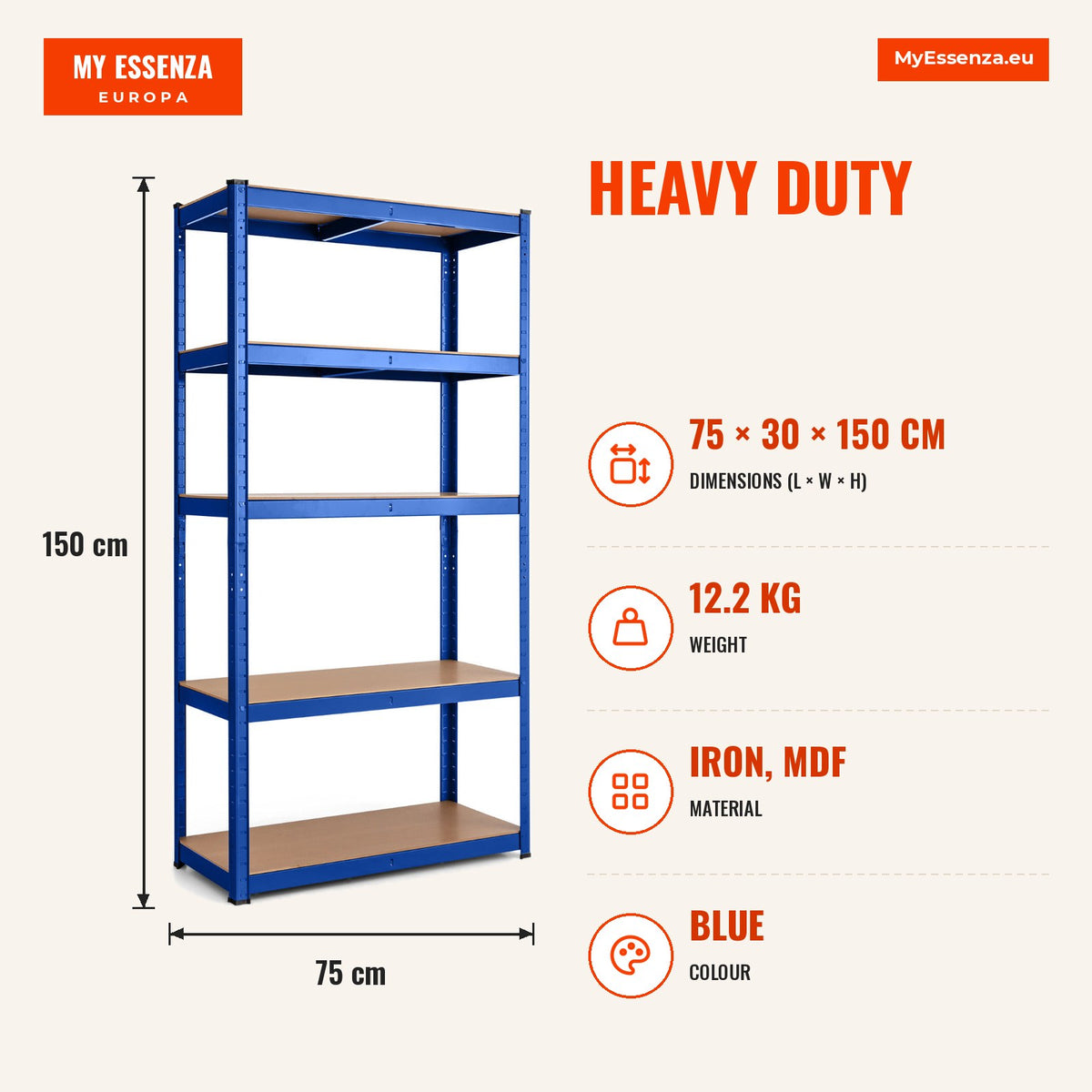 Estante de Carga Pesada 5 Prateleiras Metálico Armazenamento Garagem — Infografia | Infographic — dimensions