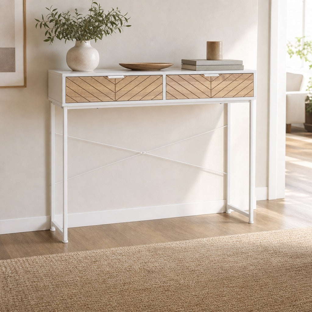 Mesa Consola 100x30x75cm Mesa de Entrada Moderno com 2 Gavetas de Armazenamento e Estrutura de Metal para Corredor Sala de Estar Branco — Ambiente | Lifestyle
