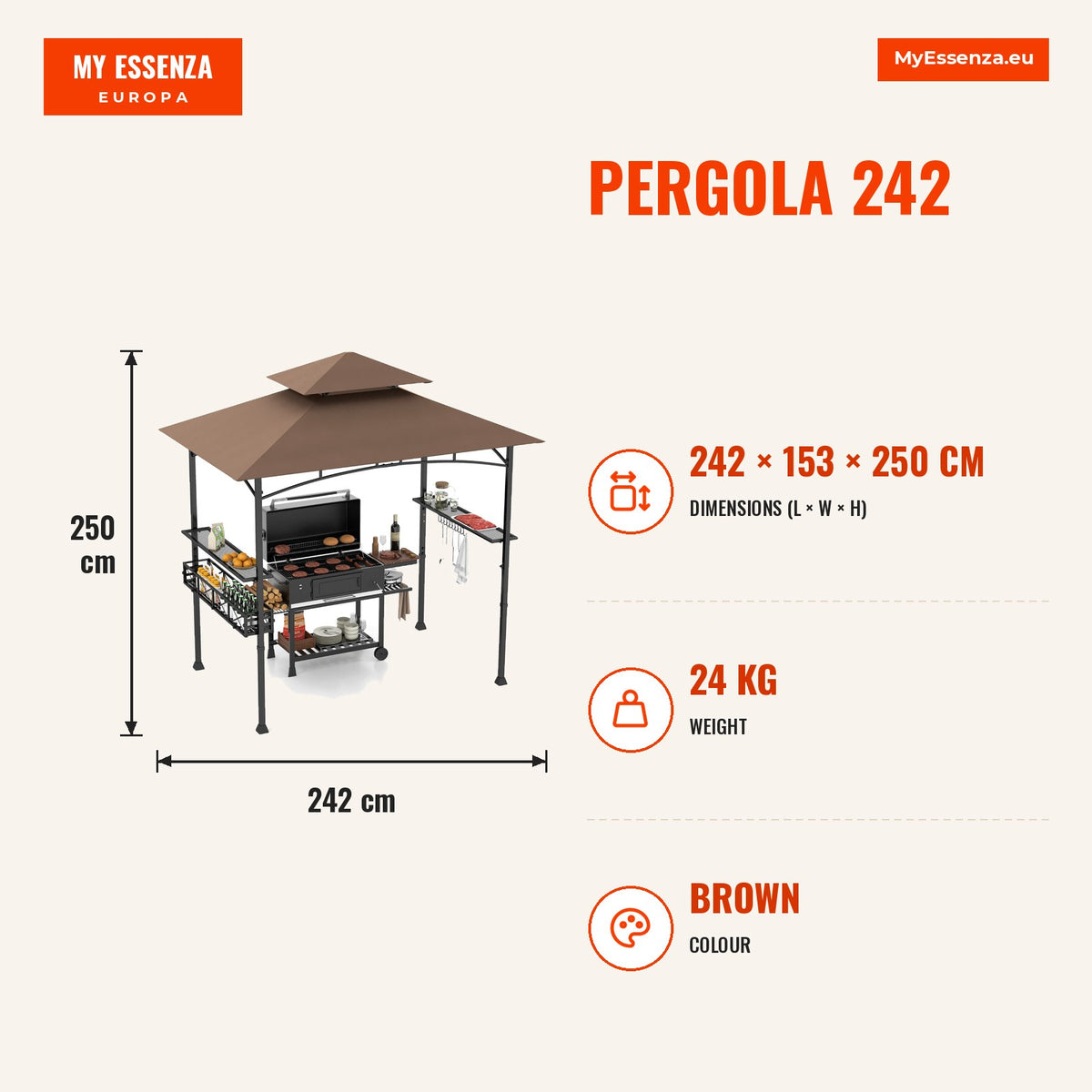 Pérgula 242 x 153 cm com 2 Prateleiras Laterais Cesto Ganchos e Abridor de Garrafas — Infografia | Infographic — dimensions