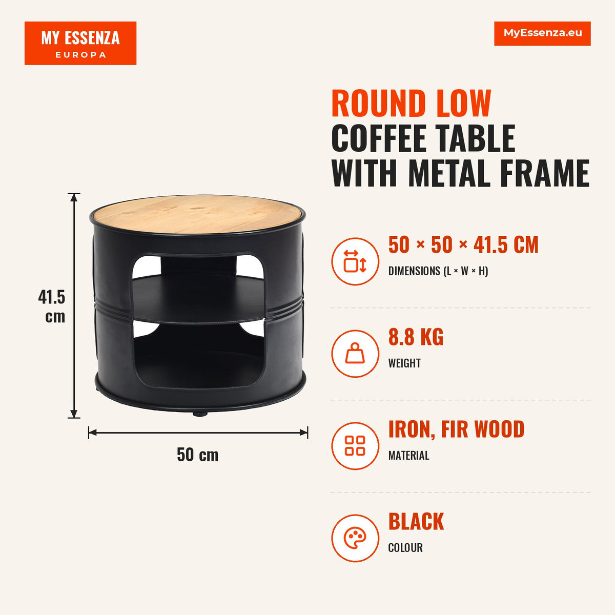Mesa Baixa Redonda com Estrutura Metal e 2 Prateleiras - 50x50x41,5cm — Infografia | Infographic — dimensions