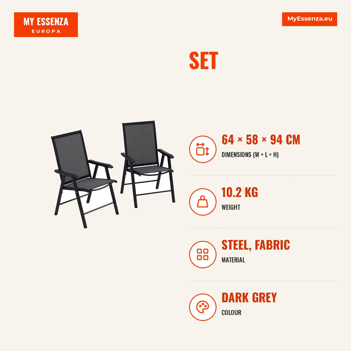 Conjunto de 2 Cadeiras Dobráveis para Exterior com Apoio para o Braço Cadeiras para Jardim com Textilene e Metal Carga 110 kg 58x64x94 cm Cinza Escuro — Infografia | Infographic — dimensions