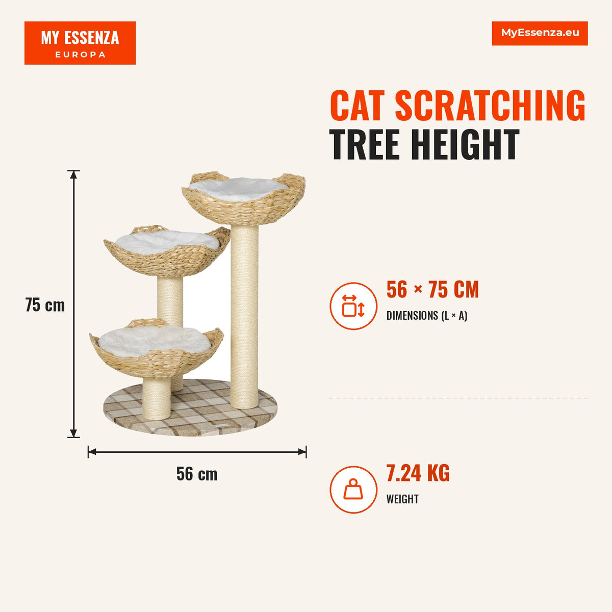 Árvore Arranhador para Gatos Altura 75cm Arranhador para Gatos com 3 Camas de Totora Almofadas e Postes Ø56x75 cm Madeira — Infografia | Infographic — dimensions