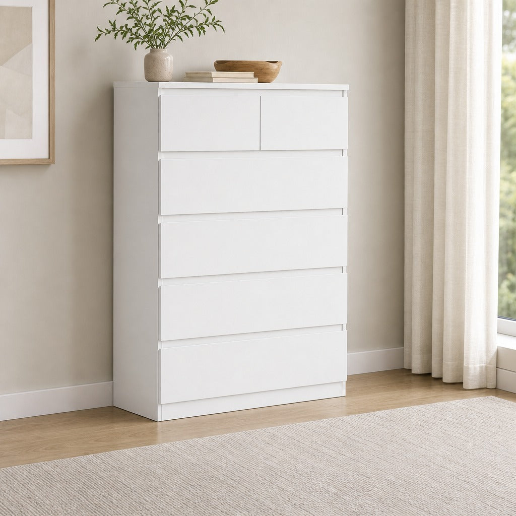 Cómoda Moderna com 6 Gavetas Cómoda de Madeira para Dormitório Entrada Sala de Estar Carga Máxima 50kg 80x39x115cm Branco — Ambiente | Lifestyle