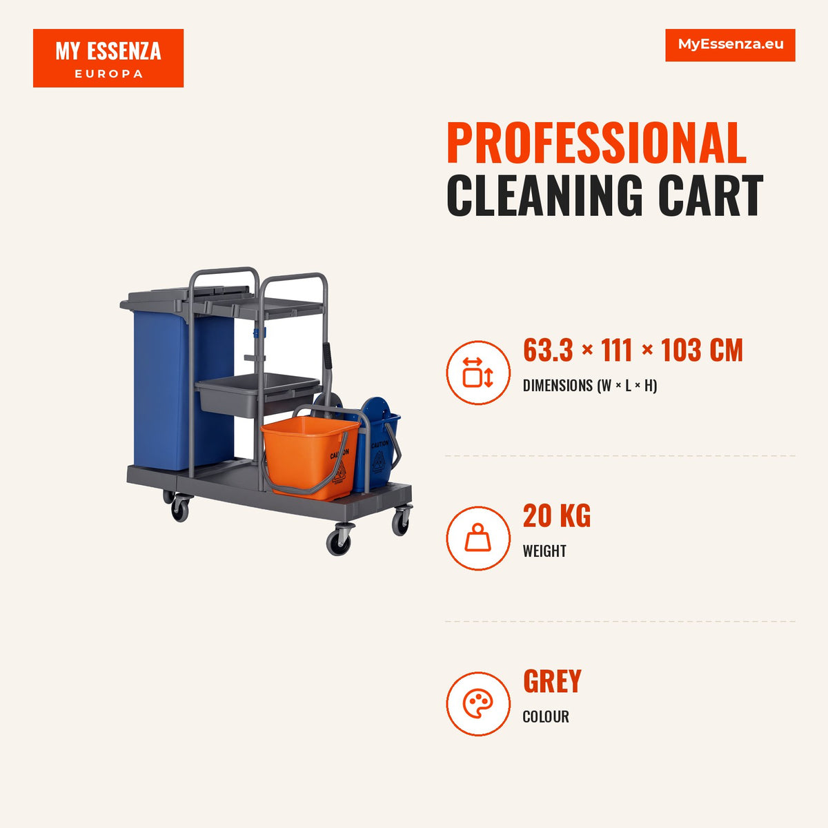 Carro de Limpeza Professional com Escorredor de Alavanca com 3 Prateleiras e 2 Baldes de 18L Bolsa com Tampa Rodas 111x63,3x103cm Cinza Azul e Laranja — Infografia | Infographic — dimensions