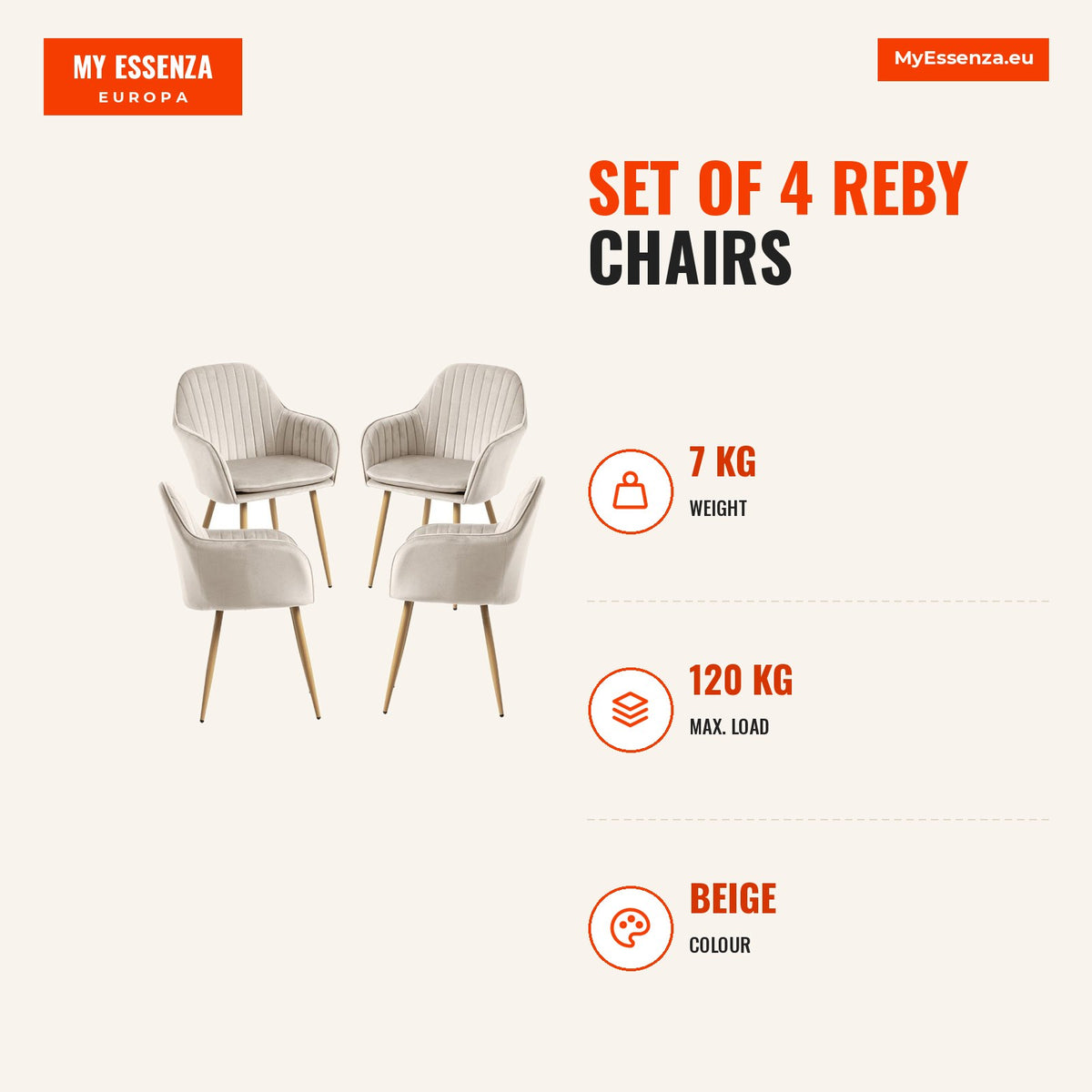 Pack 4 Cadeiras Reby — Beige — Infografia | Infographic — dimensions