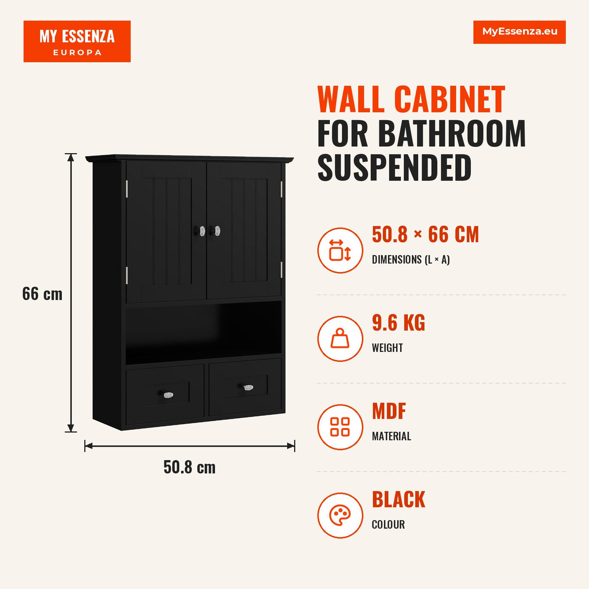 Armário de Parede para Casa de Banho Armário Suspenso de Casa de Banho com 2 Portas Prateleira Aberta e 2 Gavetas Estilo Moderno 50,8x17,8x66 cm Preto — Infografia | Infographic — dimensions