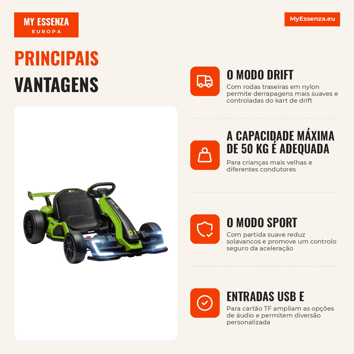 24 V Kart Elétrico para Crianças até 12 km/h Kart com Função Deriva 2 Motores Assento Ajustável Partida Suave — infografia 1