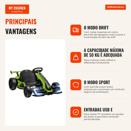 24 V Kart Elétrico para Crianças até 12 km/h Kart com Função Deriva 2 Motores Assento Ajustável Partida Suave — infografia 1