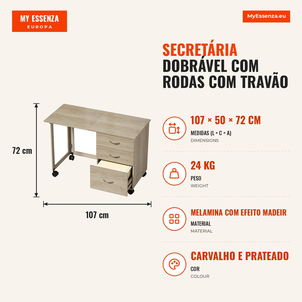 Secretária Dobrável com Rodas com Travão, 3 Gavetas e Tampo Rebatível, Design Moderno, 107x50x72 cm, Carvalho — infografia 1