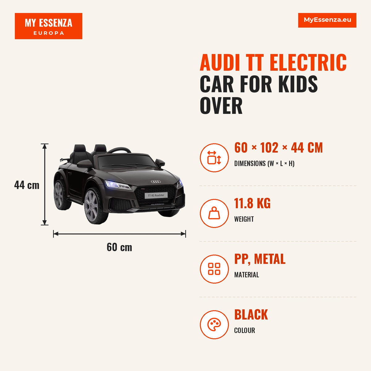 Carro Elétrico Audi TT para Crianças acima de 3 Anos com Controlo Remoto Música e Luzes Bateria 12V Abertura da Porta 102x60x44 cm Preto — Infografia | Infographic — dimensions