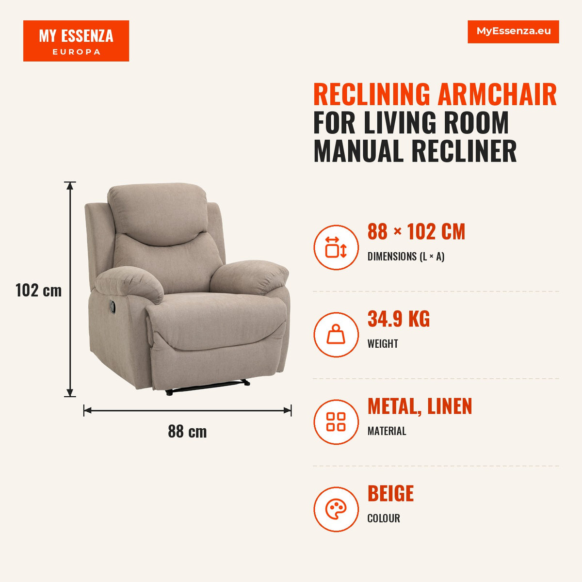 Poltrona Reclinável De Sala de Estar Poltrona Relax Reclinável Manual com Apoio para os Braços e Apoio para os Pés Carga 150 kg para Sala de Estar Dor — Infografia | Infographic — dimensions