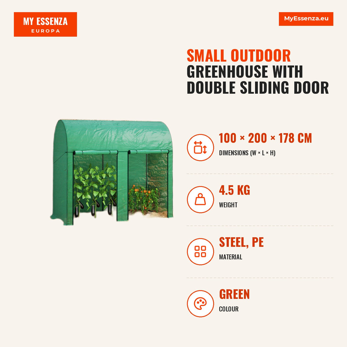 Estufa Pequena Estufa de Exterior com Porta Dupla com Fecho de Correr e Cobertura de PE para Cultivar Plantas Flores 200x100x178 cm Verde — Infografia | Infographic — dimensions