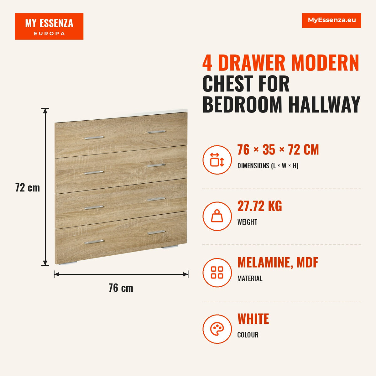 Cómoda com 4 Gavetas Cómoda Auxiliar de Armazenamento Moderna para Dormitório Corredor Sala de Estar 76x35x72cm Carvalho e Branco — Infografia | Infographic — dimensions