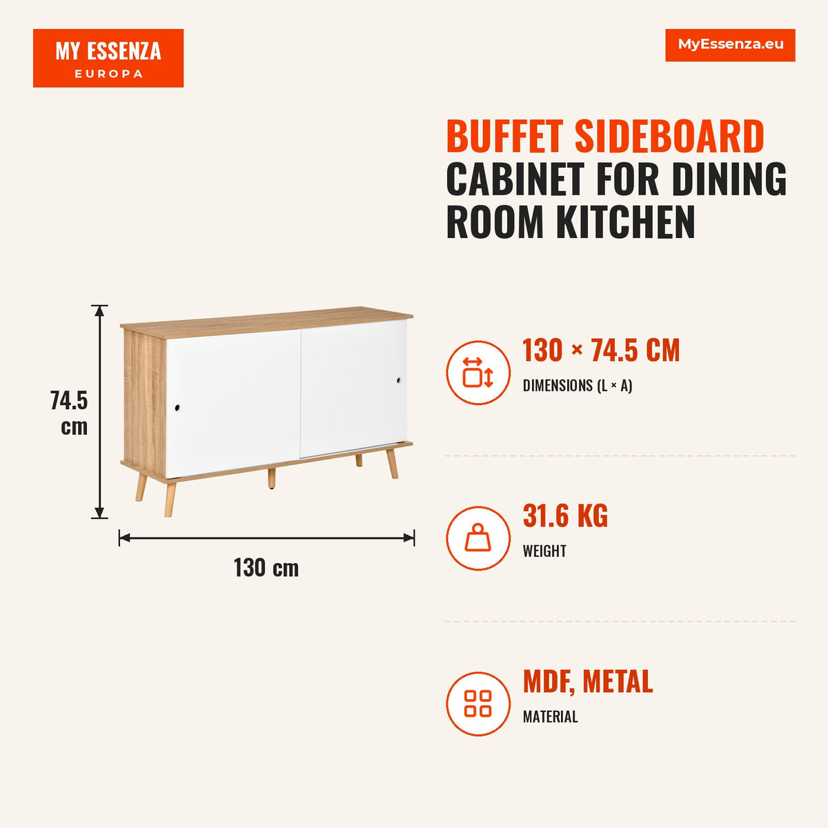 Móvel Aparador tipo Buffet para Sala de Jantar Cozinha com 2 Portas Corredeiras Prateleiras Interior Ajustáveis e Pés de Madeira 130x40x74,5cm Natural — Infografia | Infographic — dimensions