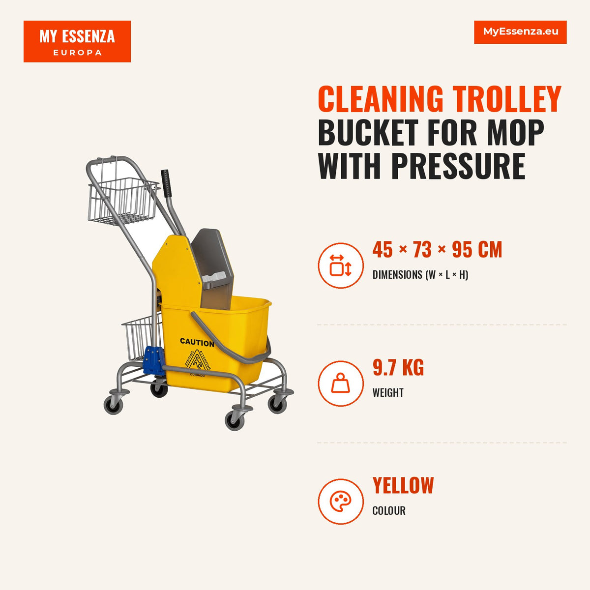 Carro de Limpeza Balde para Esfregona com Escorredor a Pressão Rodas e Cesto de Armazenamento Capacidade 26L 73x45x95 cm Amarelo — Infografia | Infographic — dimensions