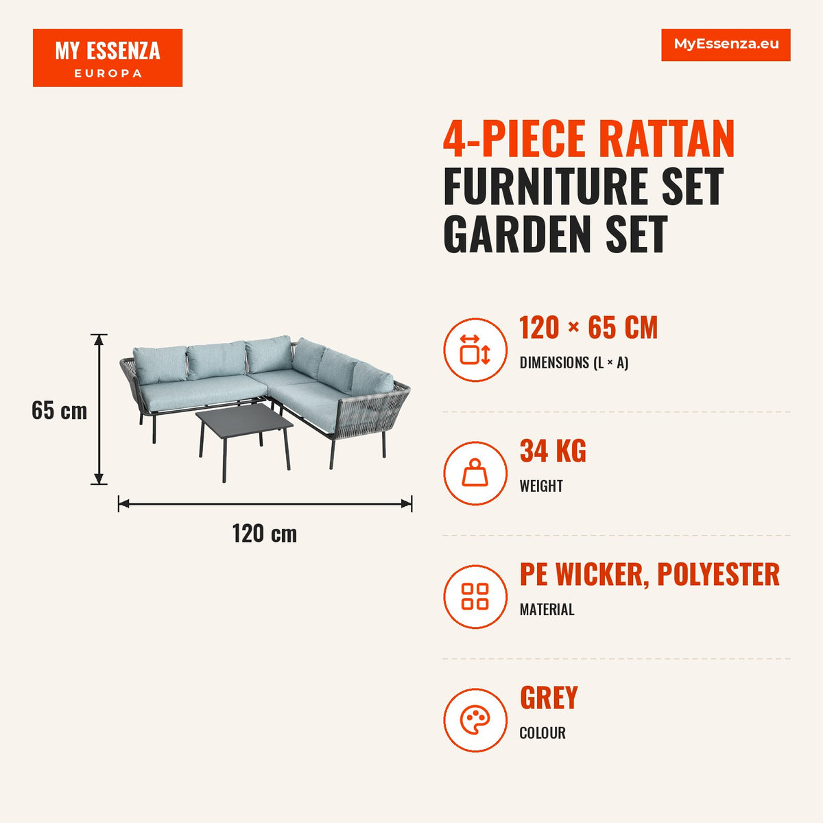 Conjunto de Móveis de Vime 4 Peças Conjunto de Móveis de Jardim 2 Sofás de 2 Lugares Sofá de Canto Mesa de Centro com 6 Almofadas e Estrutura de Alumí — Infografia | Infographic — dimensions