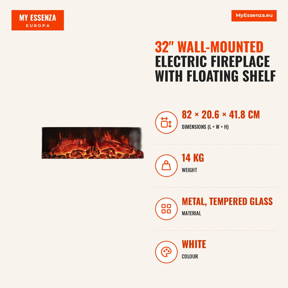 Lareira Elétrica de Parede 32″ com Estante Flutuante LED 12 Cores e Proteção Sobreaquecimento — Infografia | Infographic — dimensions