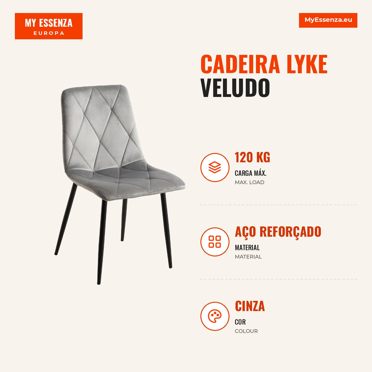 Cadeira Lyke Veludo — Cinza — Infografia — medidas