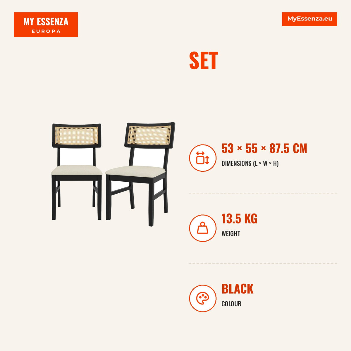 Conjunto 2 Cadeiras Sala Jantar Ratão Tecido Acolchoado Pernas Madeira Encosto Curvo Rústico Preto e Bege — Infografia | Infographic — dimensions