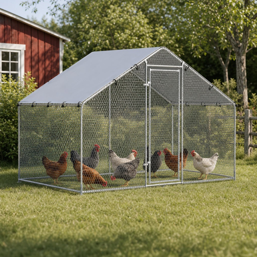 Galinheiro Exterior Grande 3x1,7x1,9 m em Aço Galvanizado com Porta de Duplo Fecho, Cobertura em Tecido Oxford Anti-UV e Impermeável, Design Acessível para 5-8 Galinhas ou Coelhos — Ambiente | Lifestyle