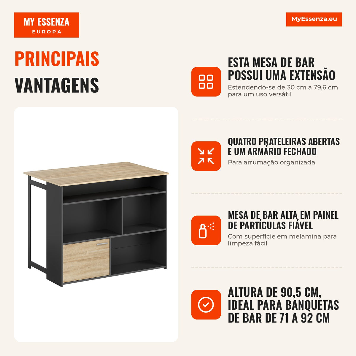 Mesa de bar extensível com tampo abatível, mesa alta para cozinha, 1 armário e 4 compartimentos abertos, 116x79,6x90,5cm, preto — infografia 1