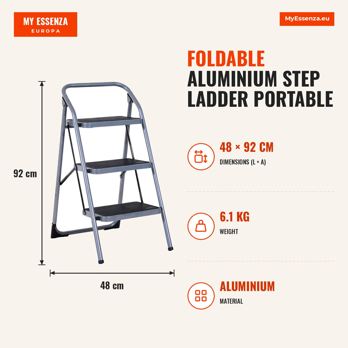 Escada de Aluminio Dobrável Escada Portátil com 3 Degraus Carga Máx. 150kg 92x48x62cm Prata — Infografia | Infographic — dimensions