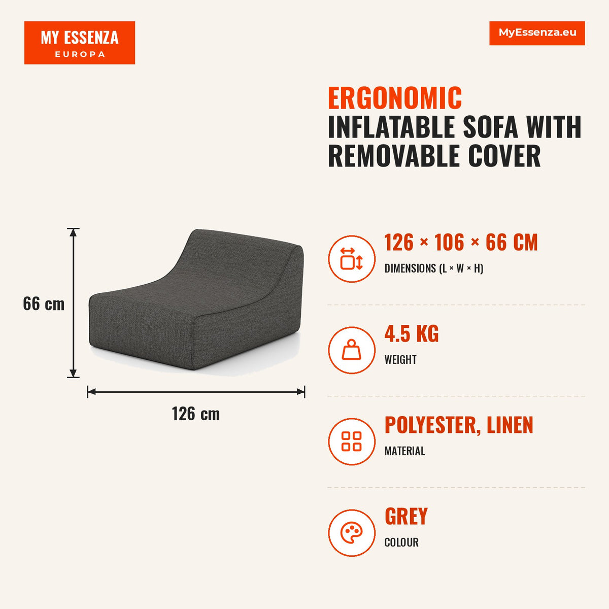 Sofá insuflável ergonómico com capa removível e base antiderrapante cinzento — Infografia | Infographic — dimensions