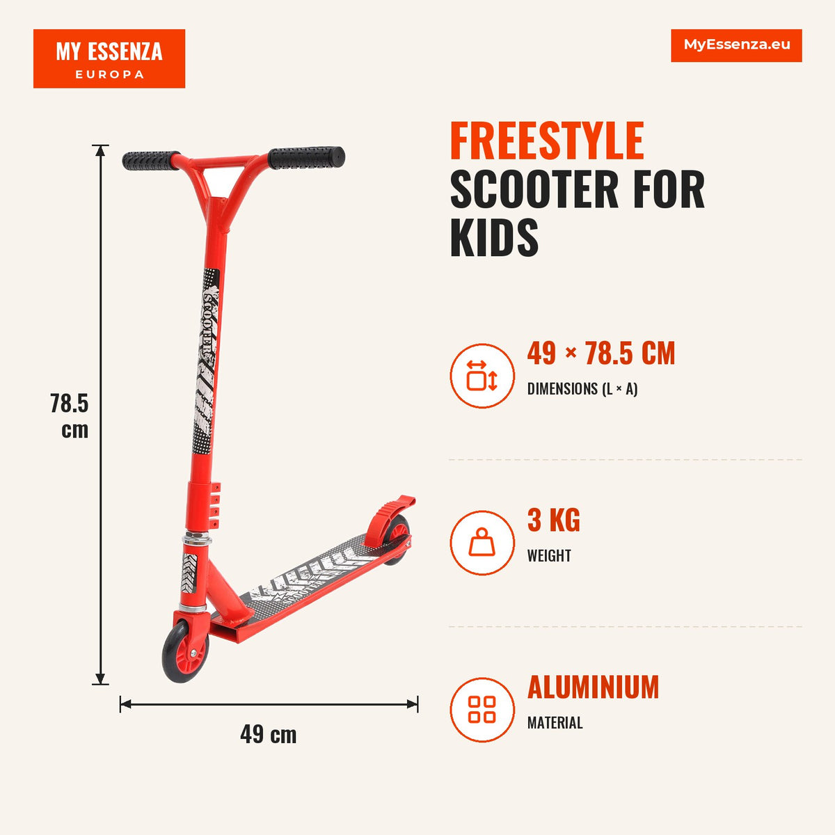 Trotinete Freestyle trotinete para crianças acima de 8 anos com rotação 360º de alumínio guidão antiderrapante e rodas com freio Carga 100kg 68,5x49x7 — Infografia | Infographic — dimensions