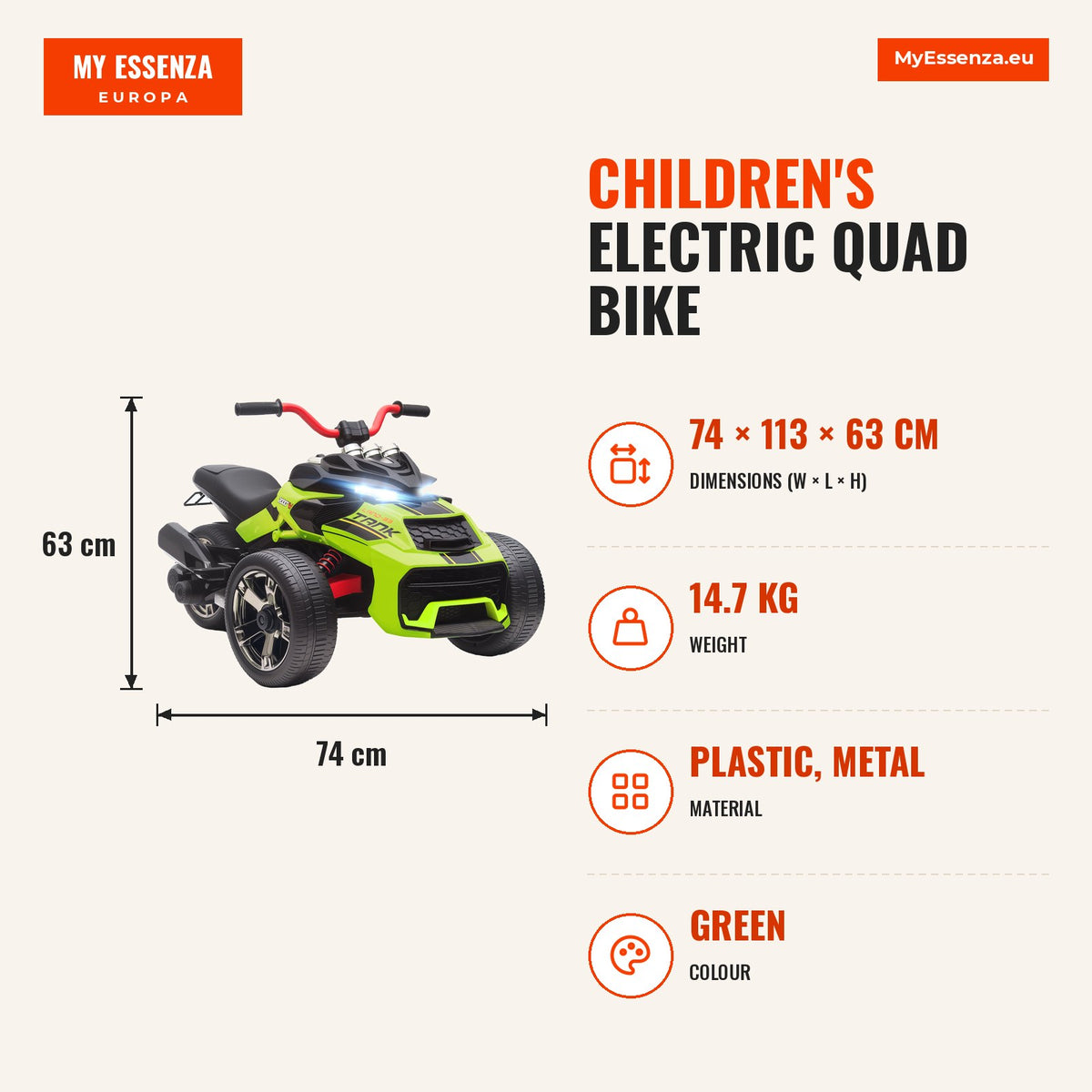 Quadricilo Elétrico para Crianças 12V 3-8 Anos com 2 Motores Velocidade até 5 km/h 3 Rodas Suspensão Faróis Buzina Música USB 113x74x63 cm Verde — Infografia | Infographic — dimensions