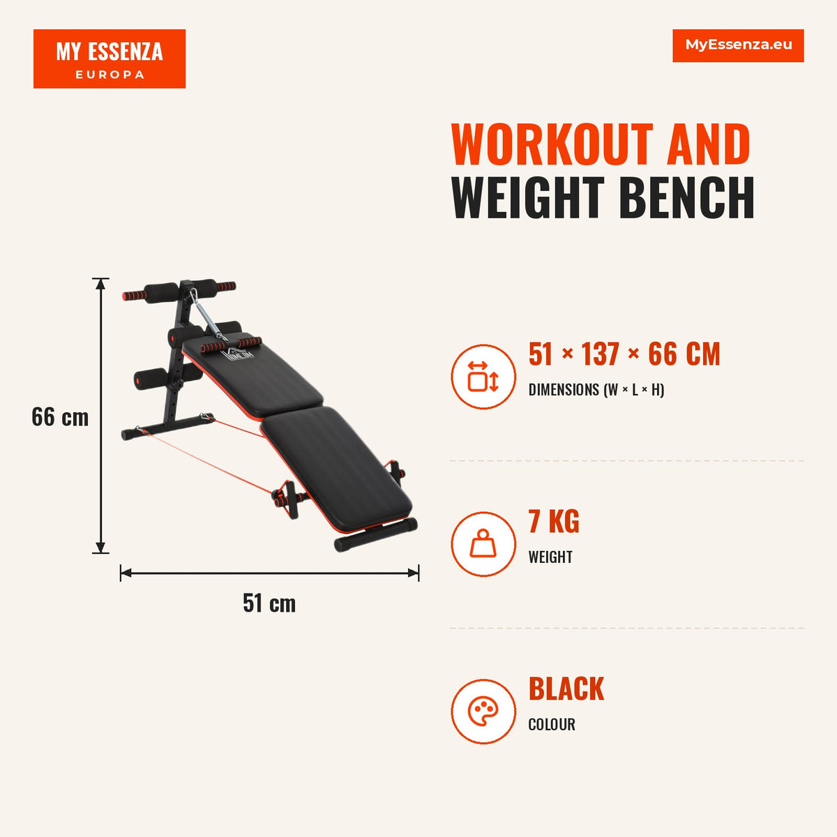 Banco de Exercício e Musculação, Banco de Abdominais Dobrável Ajustável em Altura com Suporte Poplíteo Regulável Ideal para Casa e Ginásio 137x51x50-6 — Infografia | Infographic — dimensions