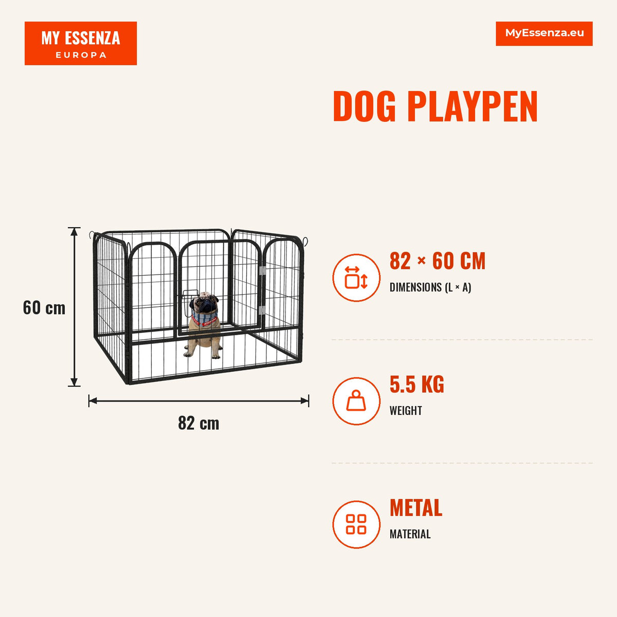 Parque para Cães com 4 Painéis Parque para Animais de Estimação Dobrável 82x82x60cm com Porta e Fechadura para Exterior e Interior Cinza — Infografia | Infographic — dimensions