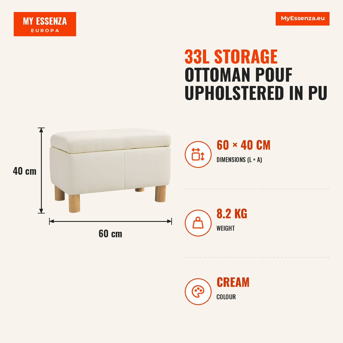 Baú de Armazenamento para Dormitório 33L Puff de Armazenamento Estofado em PU Banco de Arrumação com Pés de Madeira para Corredor Sala de Estar 60x38x — Infografia | Infographic — dimensions