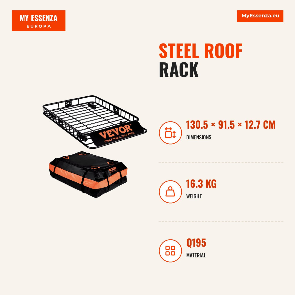 Suporte de tejadilho em aço, 130,5x91,5x12,7 cm, capacidade 90 kg, bolsa impermeável 42 L — Infografia | Infographic — dimensions