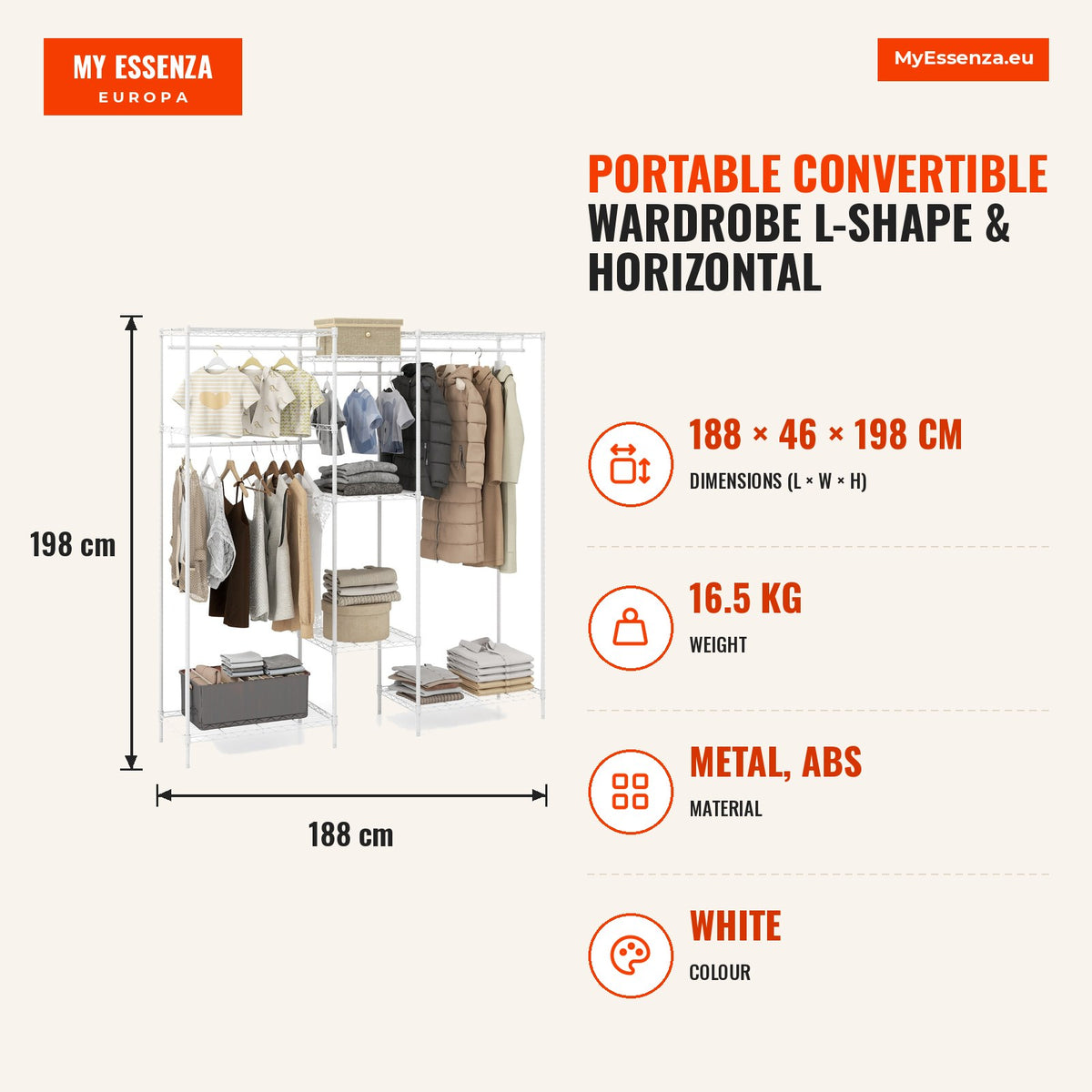 Guarda-roupa Portátil Conversível L e Horizontal | 7 Prateleiras Ajustáveis | 530kg — Infografia | Infographic — dimensions