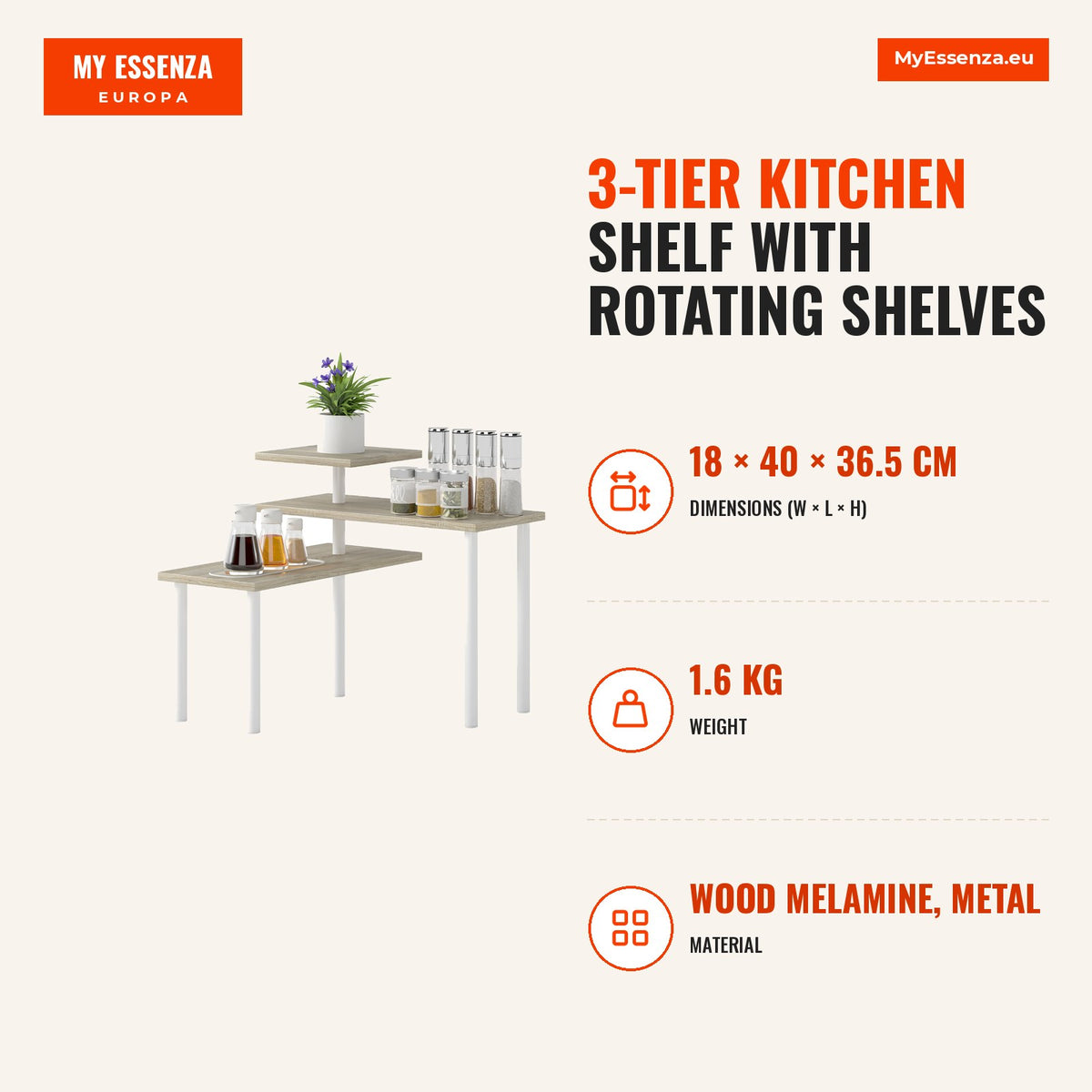 Estante de Cozinha de 3 Níveis Estante de Cozinha com 3 Prateleiras Giratórias Estrutura de Metal e Design em Degraus para Sala de Jantar Sala de Esta — Infografia | Infographic — dimensions
