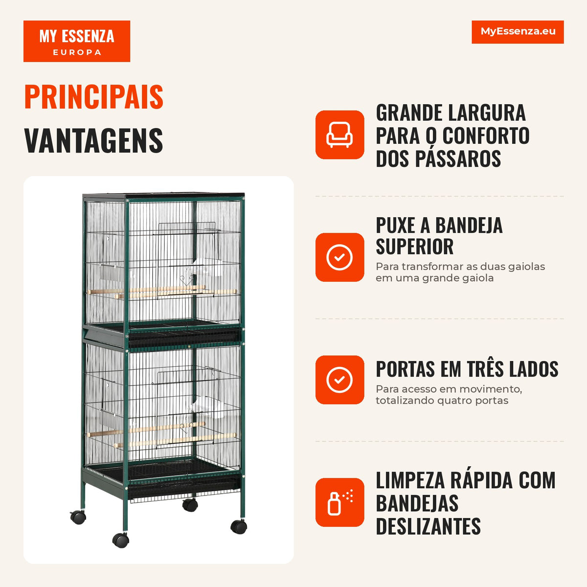 Grande Gaiola para Pássaros em Pé Dupla com Comedouros Poleiros Bandeja Removível Rodízios 51,5x50x140 cm — infografia 1