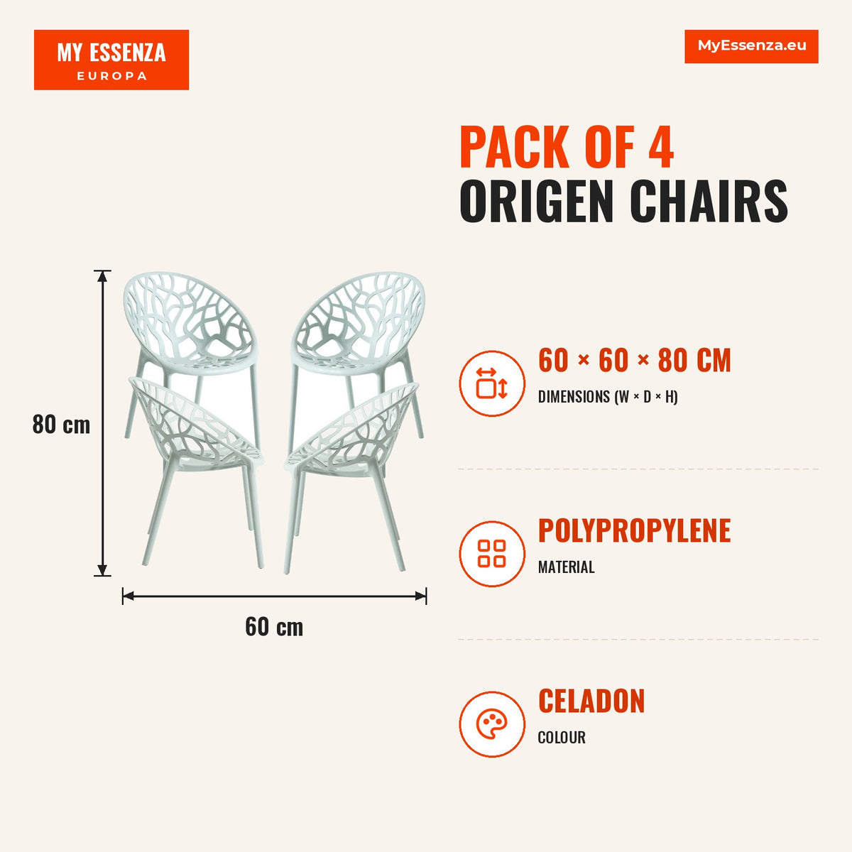 Pack 4 Cadeiras Origen — Celadon — Infografia | Infographic — dimensions