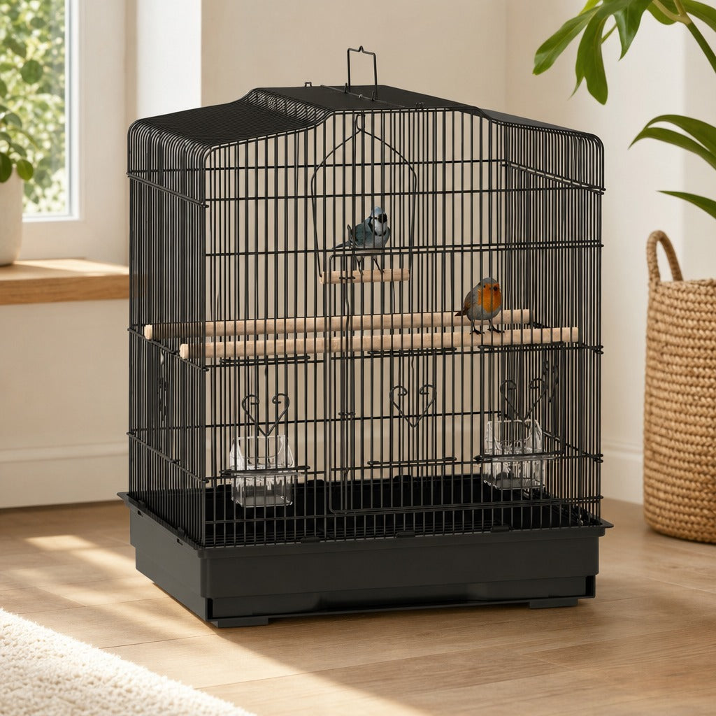 Gaiola para Pássaros 46,5x36x59 cm Gaiola de Metal para Pássaros com Portas 2 Comedouros 2 Poleiros Baloiço Bandeja Amovível e Pega de Transporte para Canário Periquito Preto — Ambiente | Lifestyle