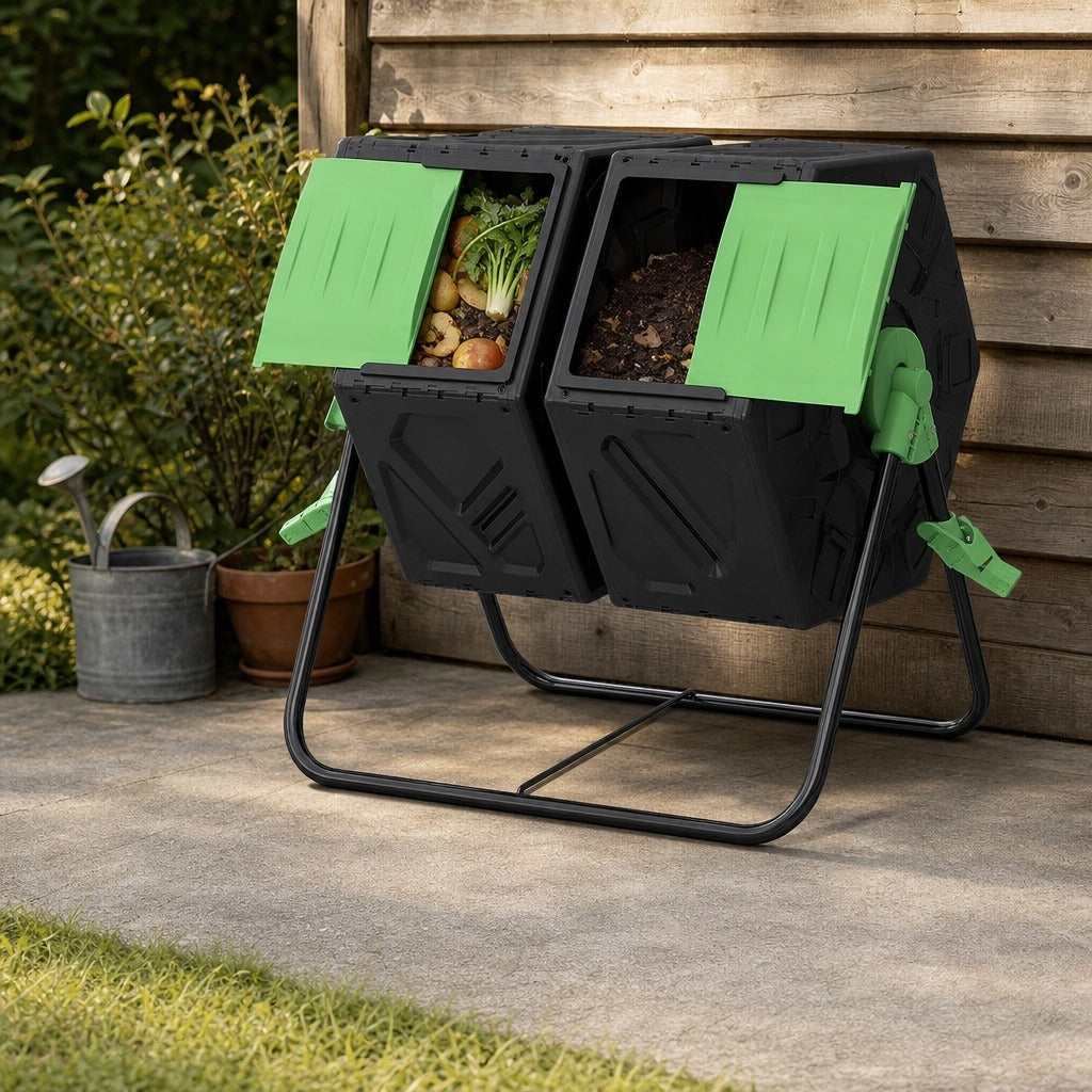 Compostor Giratório de 130L Recipiente de Compostagem de Jardim de Dupla Câmara Compostor com Aberturas de Ventilação e Pés de Aço 67x60x77 cm Preto e Verde — Ambiente | Lifestyle
