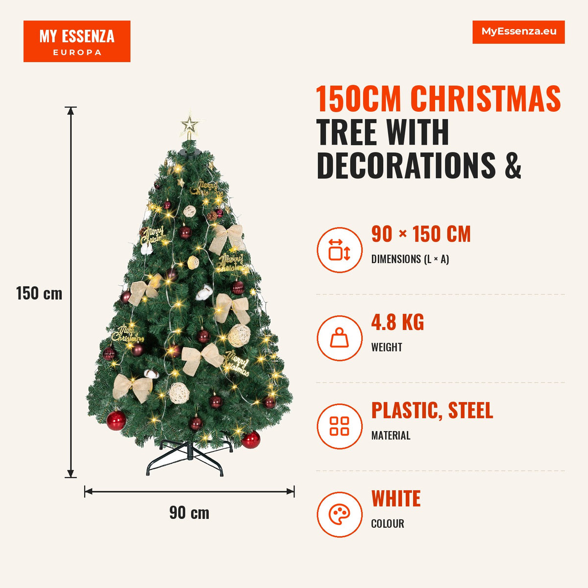 Árvore de Natal de 150 cm com Decorações 150 Luzes LED Branco Quente Árvore de Natal Decorada com 8 Modos de Iluminação 480 Ramos Suporte de Aço Decor — Infografia | Infographic — dimensions