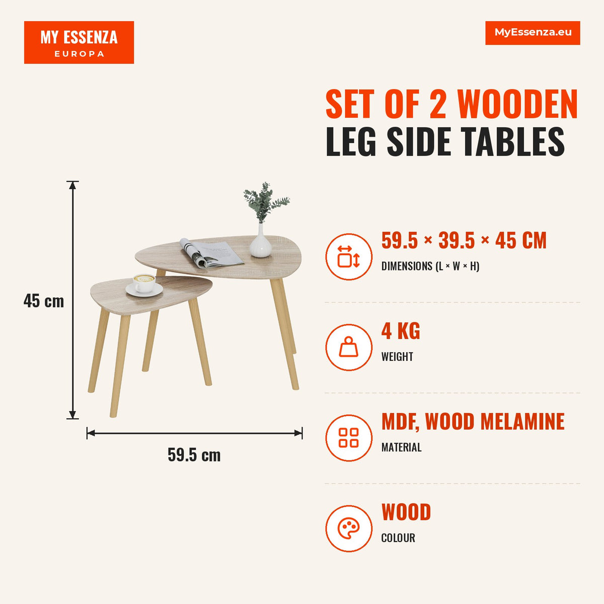 Conjunto de 2 Mesas Auxiliares com Pés de Madeira Mesas de Café para Sala de Estar Dormitório Escritório 59,5x39,5x45cm e 44,5x28,5x40 cm Madeira — Infografia | Infographic — dimensions